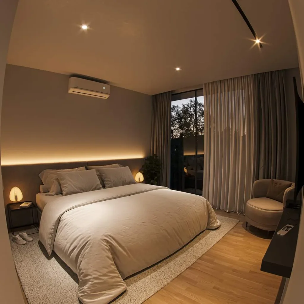 Camera da letto moderna con illuminazione soffusa da faretti incassati e strip LED, design elegante per progetti a Monaco e Nizza da impresa edile di Ventimiglia.